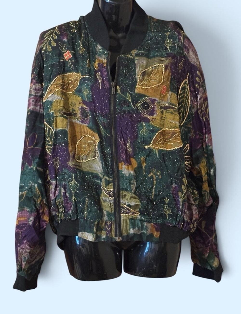 Floral Jane Ashley 80/90s Bomber Jacket Jewel Toned Rayon Large Artsy